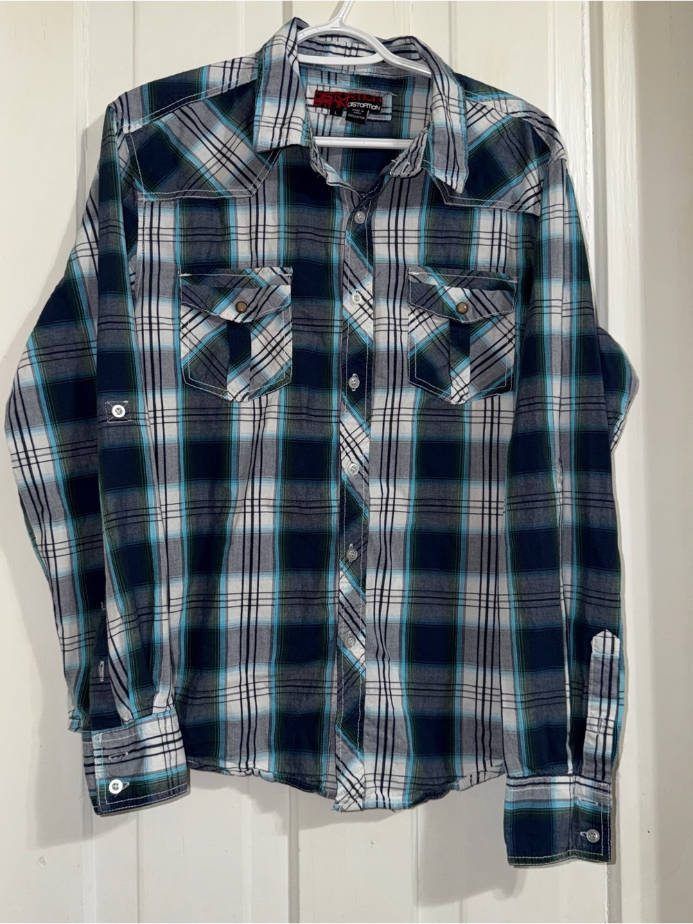 Men's size large‎ shirt Plaid Button-Up Shirt in Teal & Navy Distortion